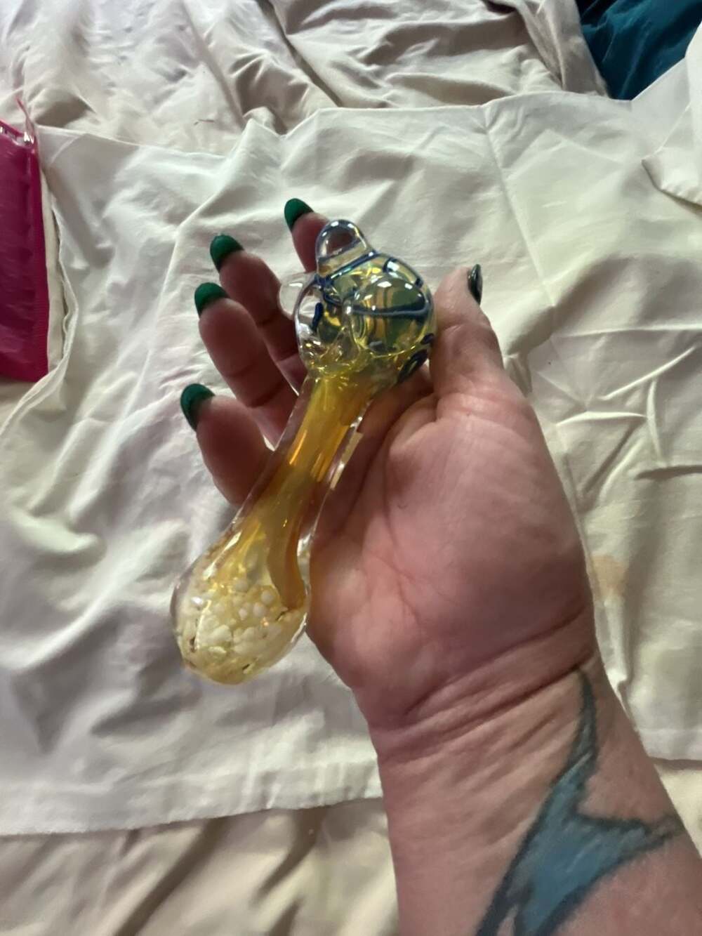 Fumed Glass Spoon Piece with Blue Swirl Accents and White Confetti Detail - Picture 9 of 9
